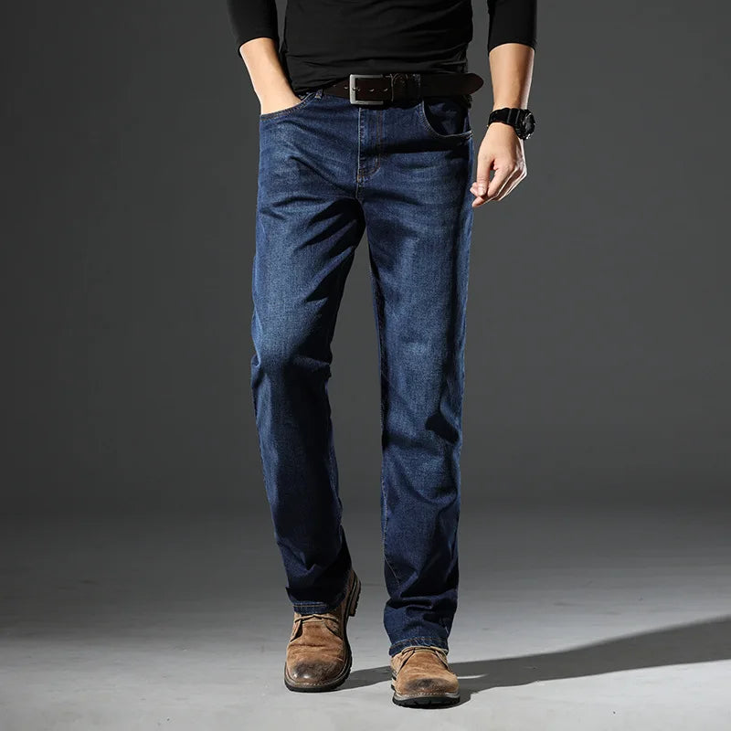 Spring and Autumn Men Mid Rise Straight Leg Jeans Elastic Business Casual Pants