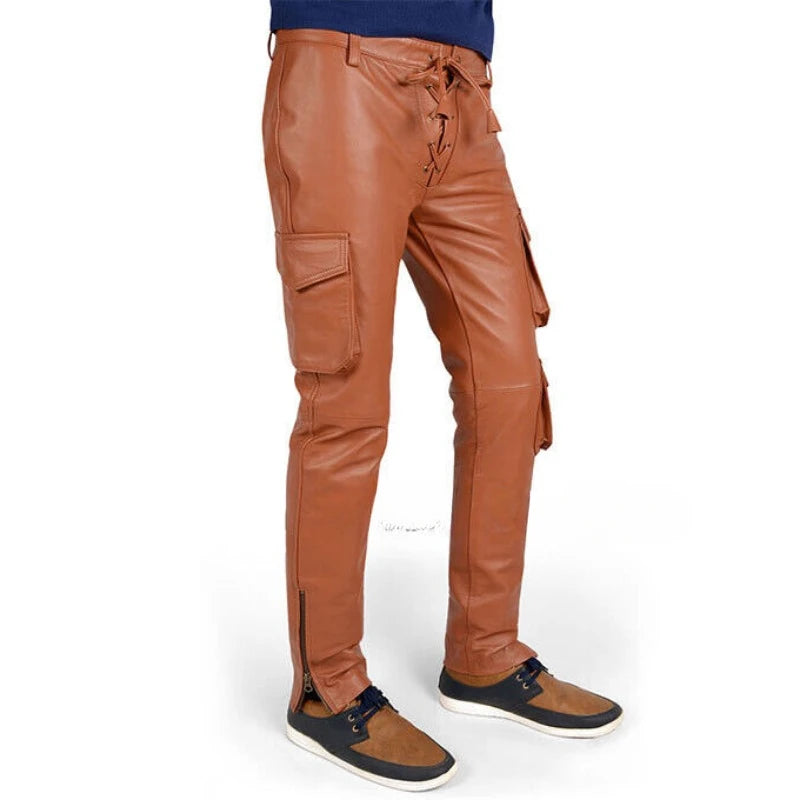 Men Ankle Zip Authentic Leather Pant Lace Up Pockets Trouser