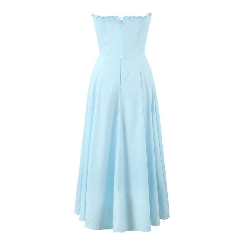 Aqua blue Hem Slit Swing Midi Dress With Bow Strap Slim Corsets Crop Top Fairy