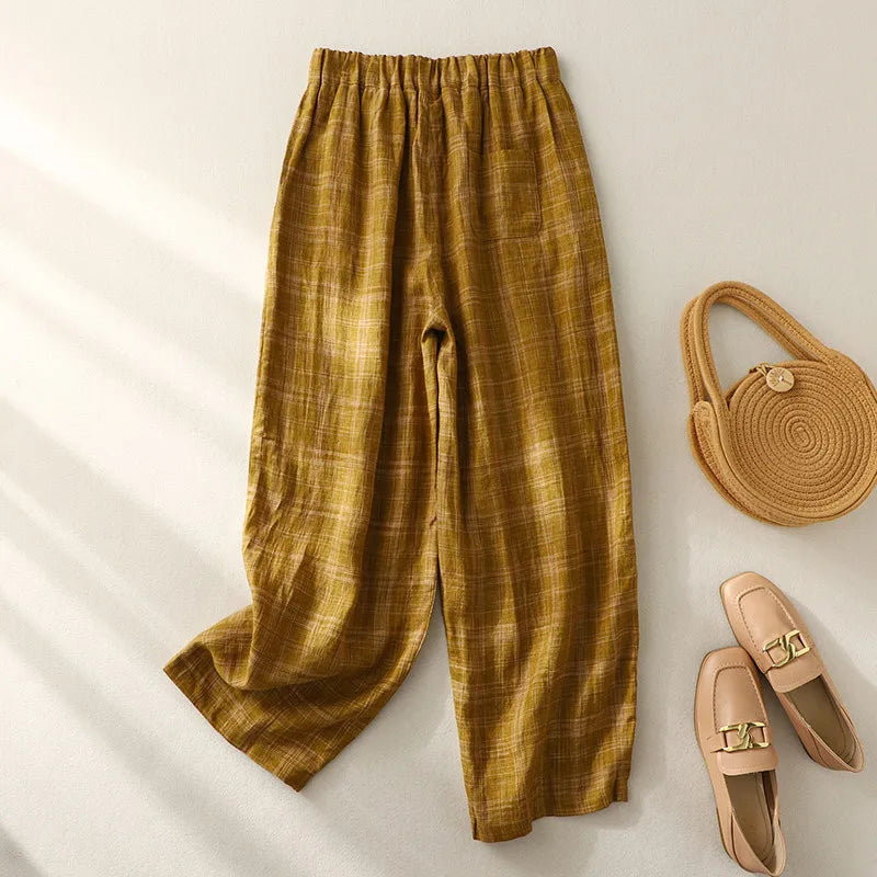 Summer Linen Plaid Pants Women Loose Casual Wide Legs Casual Pants Thin Elastic Waist Trousers