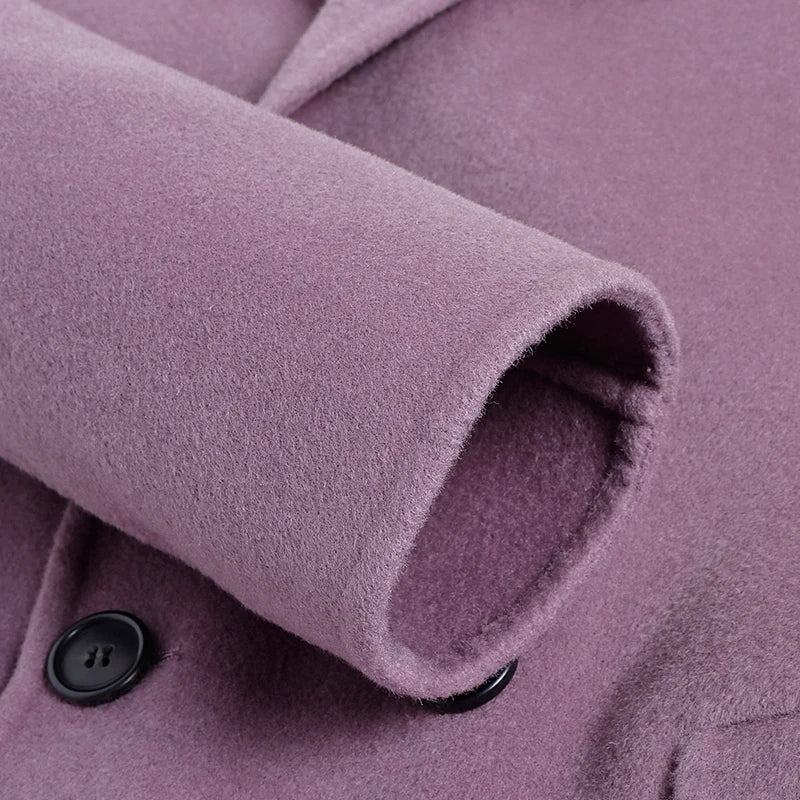 Winter Men Cashmere Coat Double Breasted Suit Collar Wool Jacket Purple Trenchcoated