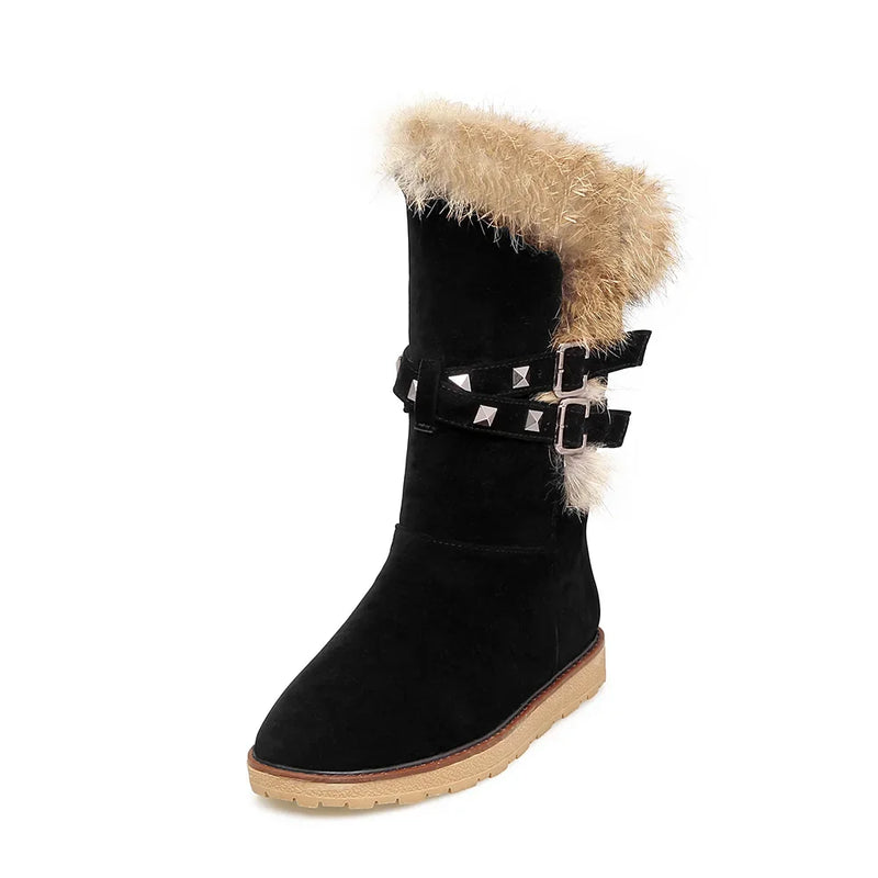 Winter Comfortable Thick Furry Women Snow Boots Black Yellow Rivets Lady Shoes Low Heels