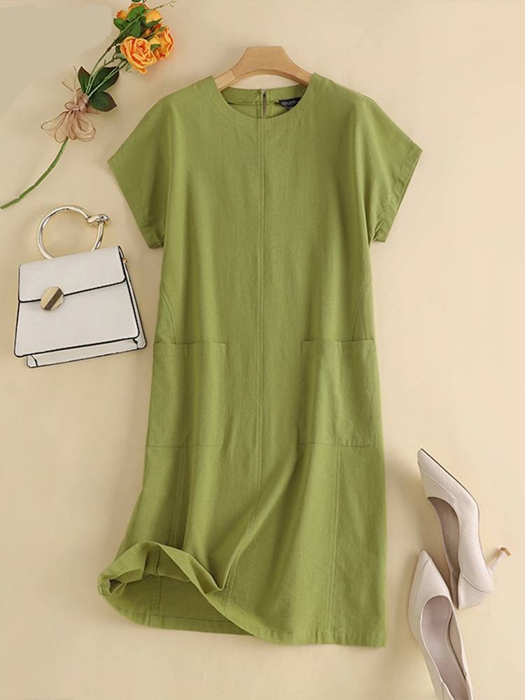 Summer Solid Holiday Dress O-Neck Short Sleeve Knee Length Women Casual Elegant Robe Sundress