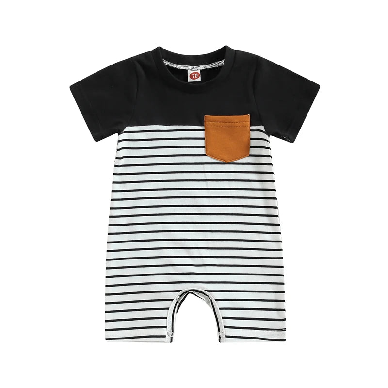 Summer Infant Baby Boys Romper Short Sleeve Striped Patchwork Short Jumpsuit Clothes