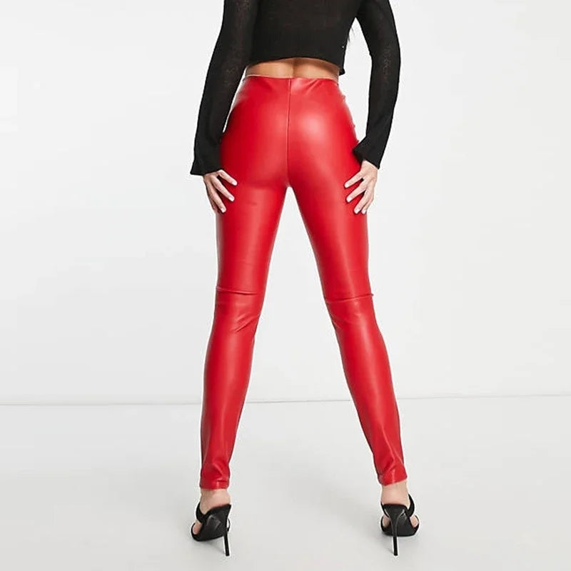 Women's Mid Waist Faux Leather Pencil Pants Skinny Tights Elastic Stretchy Leggings Winter