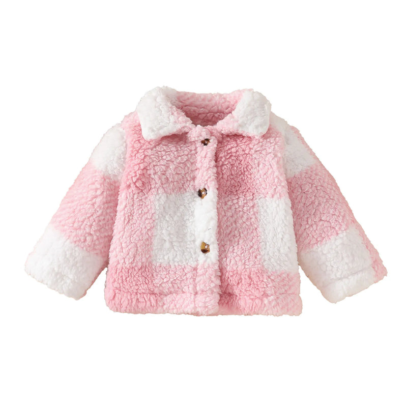 Infant Baby Girls Fall Winter Fuzzy Jacket Lapel Plaid Coat Thicken Warm Outerwear