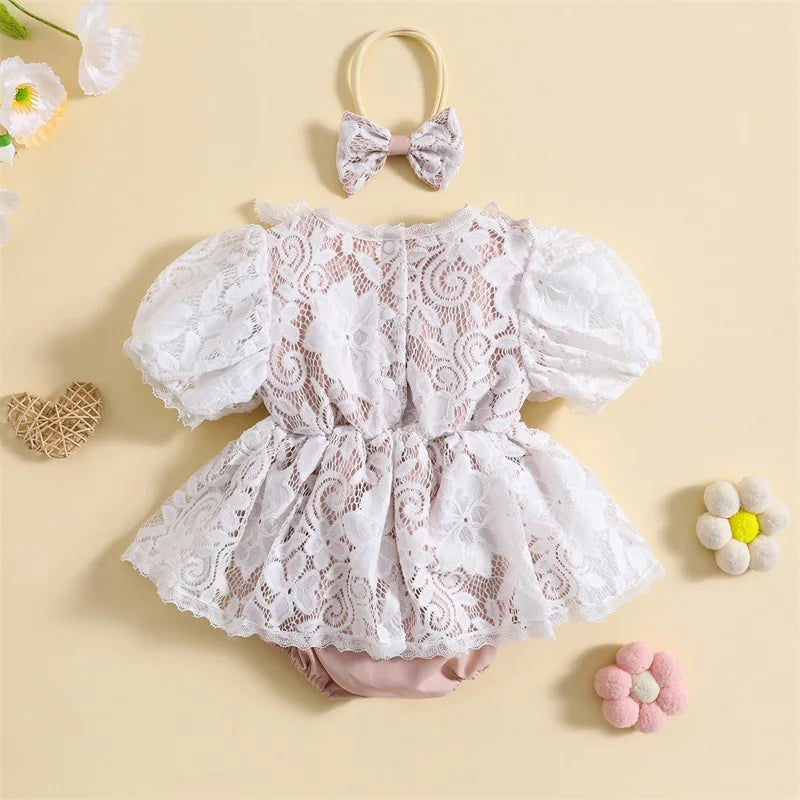 Summer Infant Newborn Girl Outfit Short Sleeve Lace Patchwork Bodysuit Bowknot Headband Clothes