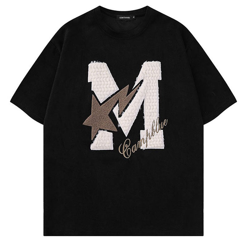 Mens Embroidery Letter Star Tshirt Casual Loose Tee Shirts Summer Hip Hop Top Couple