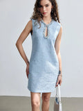 Women Fragrant Blue Tweed Sequins Dress