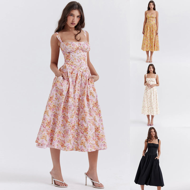 Women Strap Sleeveless Floral Button Pocket Elegant Sexy Casual Party Spring Summer Long Dress