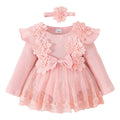 Infant Baby Girls Rompers Dress Flower Embroidery Tulle Rib Knit Bodysuit with Headband Toddler Kid Fall Winter