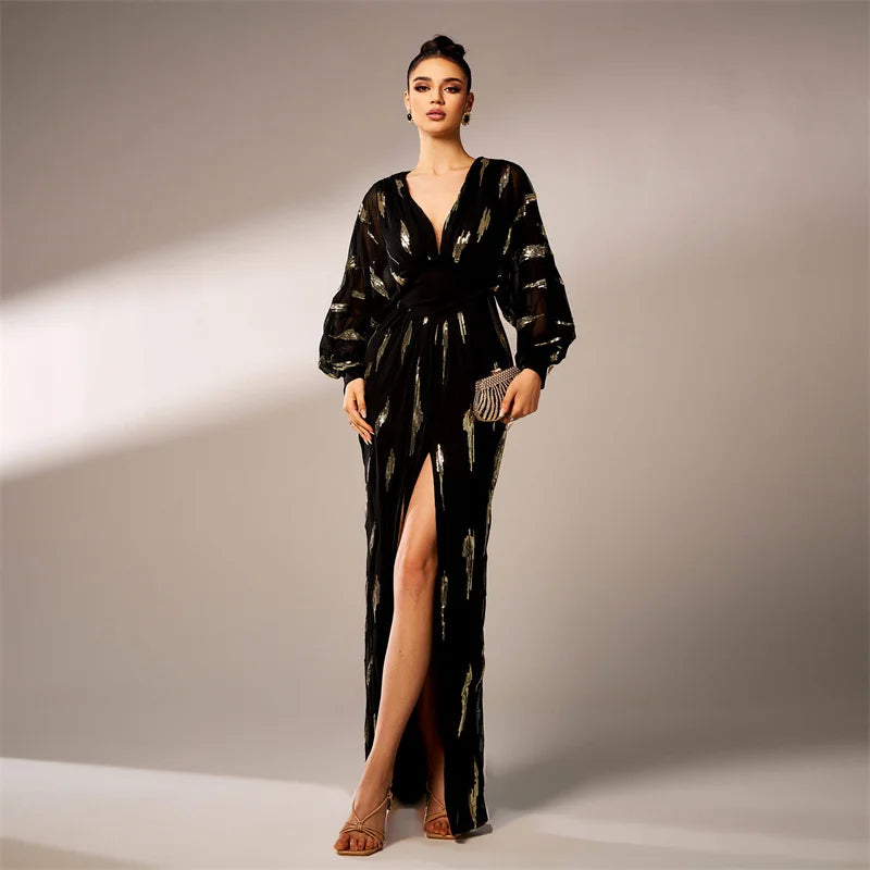 Deep Long Sleeved Black Long Dress Luxury Women Sequin High Slit Party Evening Gown