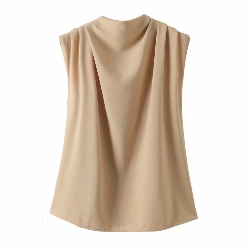 women stand collar pleats sleeveless smock shirt ladies blouses chic tops