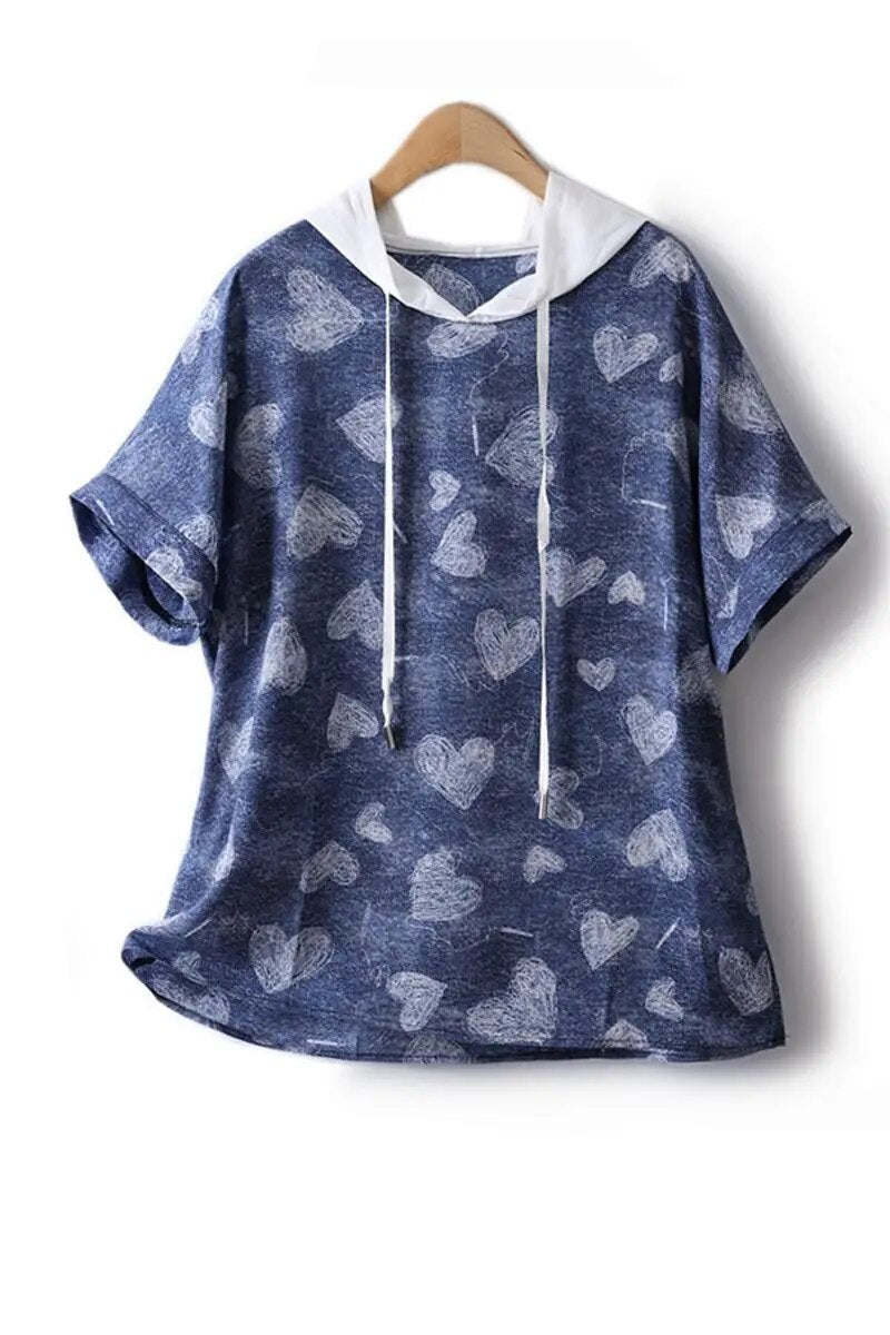 Summer Chiffon Top Women Hooded Matching  Peach Heart Thin Casual T-shirts Female Clothing