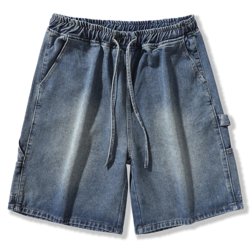 Summer Men Workwear Denim Shorts with Drawstring Waist