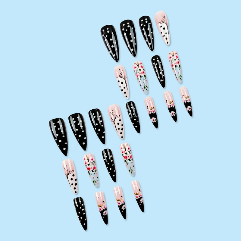 24pcs Wintersweet Press on Nails Black White Nail Tips for Girl Women Wearable Long Almond False Nails