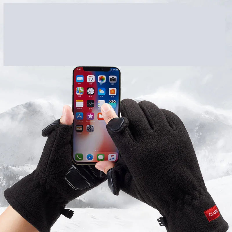 Men Winter Polar Fleece Silica Gel Non Slip Clamshell Show Finger Touch Screen Mitten Plus Velvet Thick Warm Sport Cycling Glove