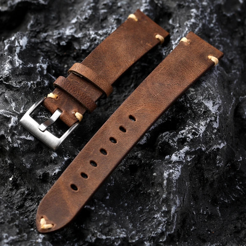 Handmade Genuine Leather Watchband Old Brown Black 18 20 22MM Soft Men's Vintage Bracelet First Layer Leather