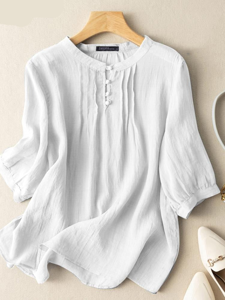 Spring 3/4 Sleeve Women Blouse O-Neck Solid Chemise Femme Cotton Tops Bohemian Casual Holiday Blouses