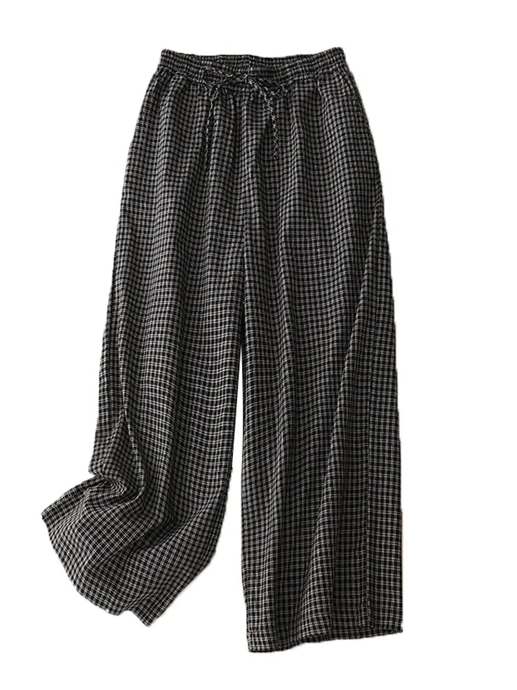 Women Vintage Plaid Wide Leg Pants Autumn Loose Elastic High Waist Female Trousers