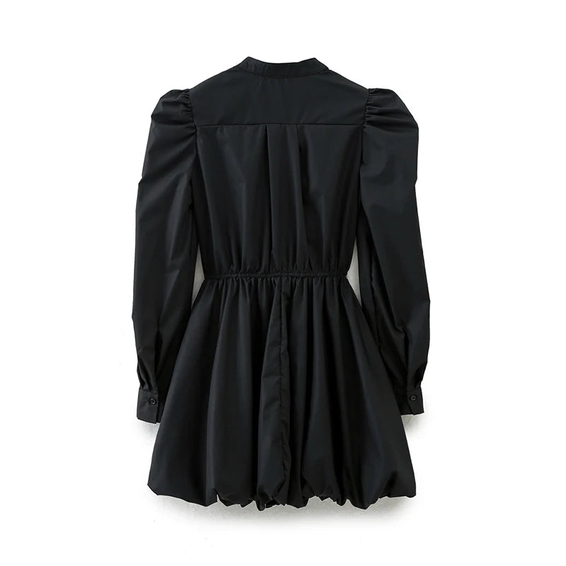 Women Front Button Black Short Dress Long Balloon Sleeves Elastic Waist Female Dresses