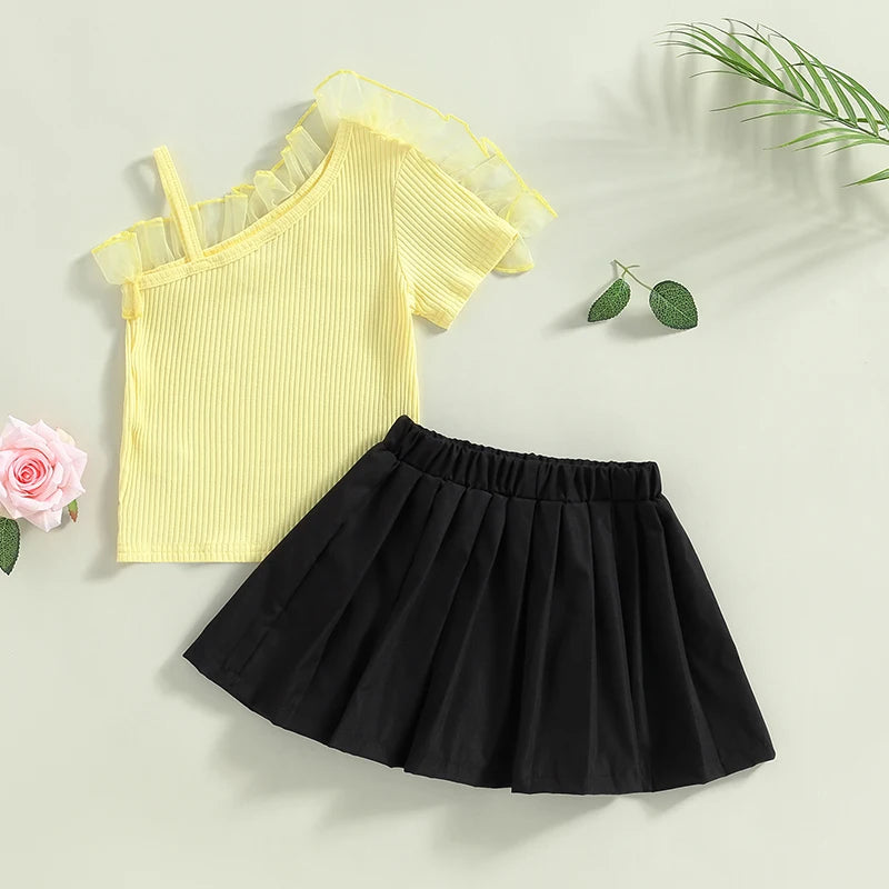 Kids Girls Sweet Skirt Set Short Sleeve Patchwork Tops Elastic Waist Pleated Skirt