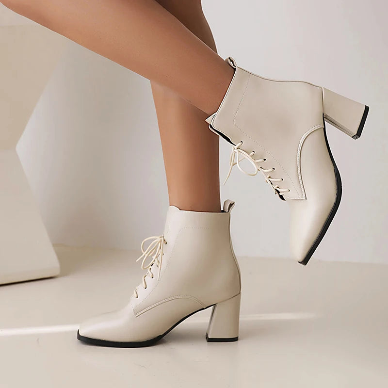 Square Toe Thick Heel Lace-Up Boots Version Of Casual Women's Ankle Boots Autumn