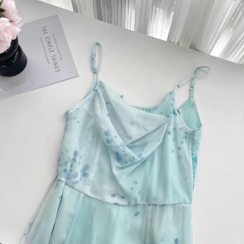 Women Mint Dress Flower Irregular Dress Summer