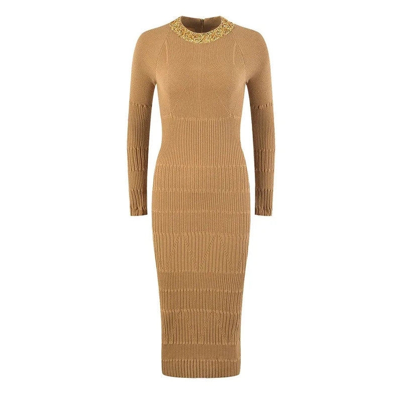 Beadings Collor Long Sleeve Midi Knit Women Dress Luxury Autumn Design