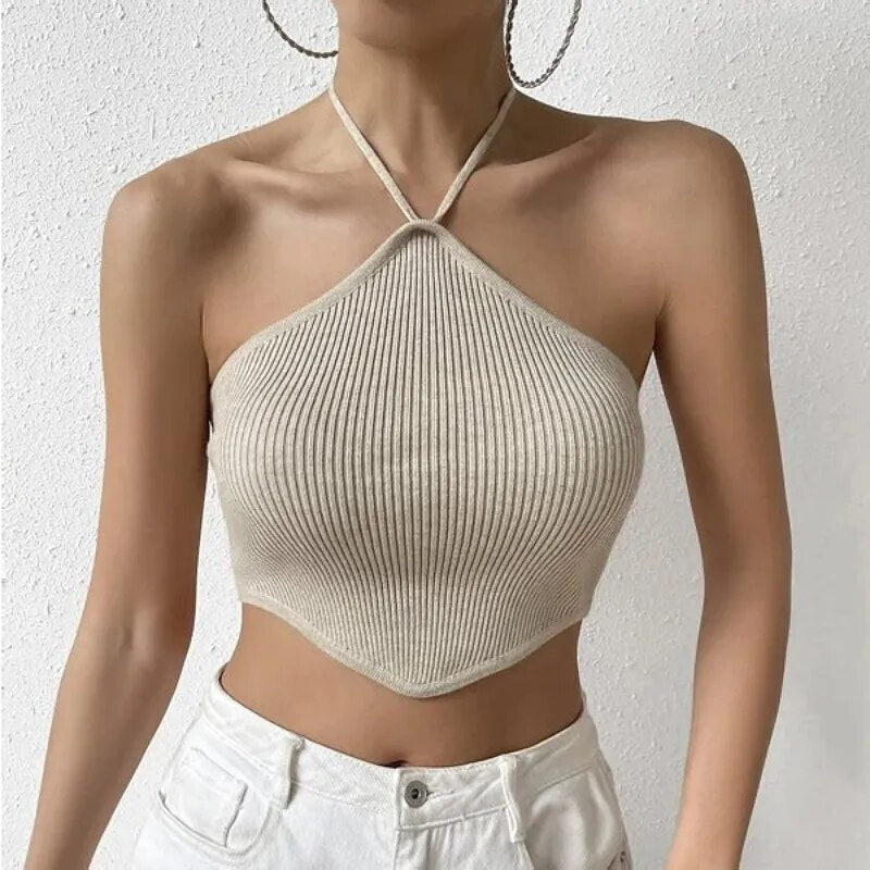 Halter Sweater Vest Sleeveless Knitted Women Spring Summer Autumn Casual Crop Top Short