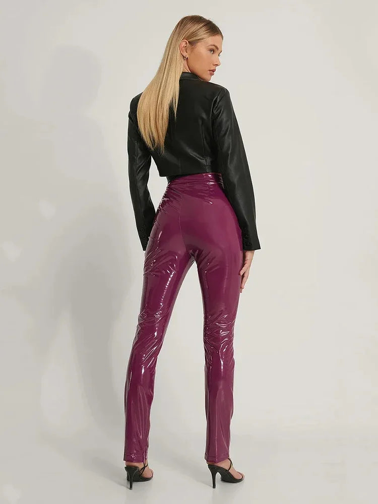 Women Shiny Leather Bodycon Pants Ladies Slim Stretch Pencil Trousers Clubwear