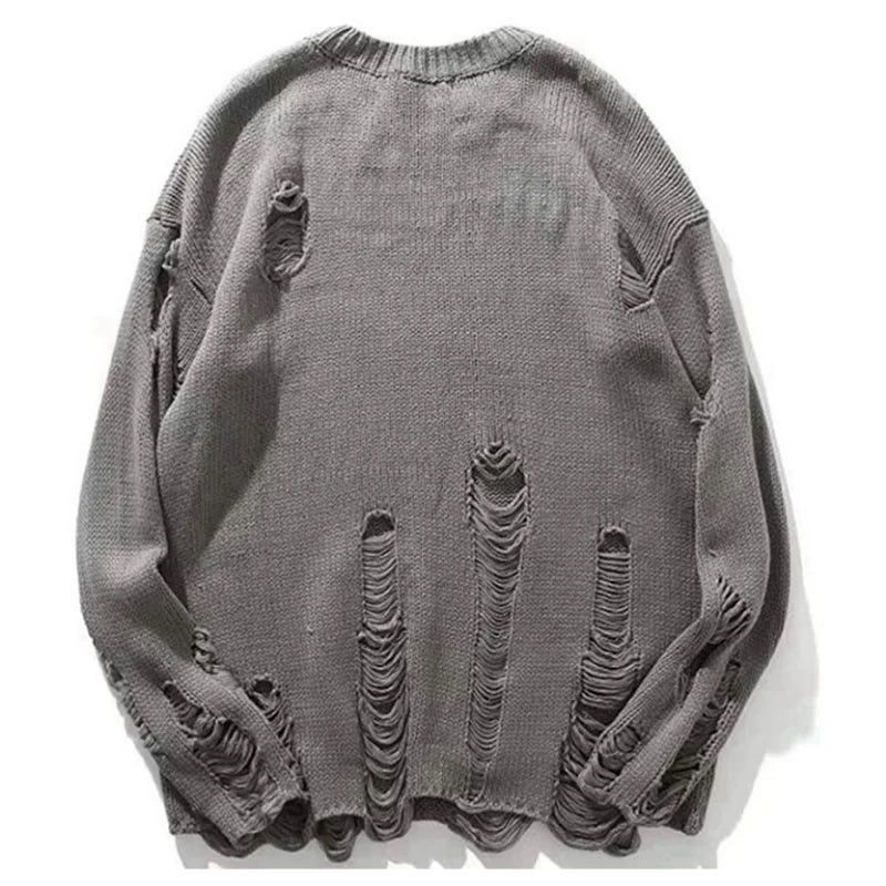 Men's Hole Knitwear Loose Retro Simple Round Neck Pullover Male Streetwear Casual Solid