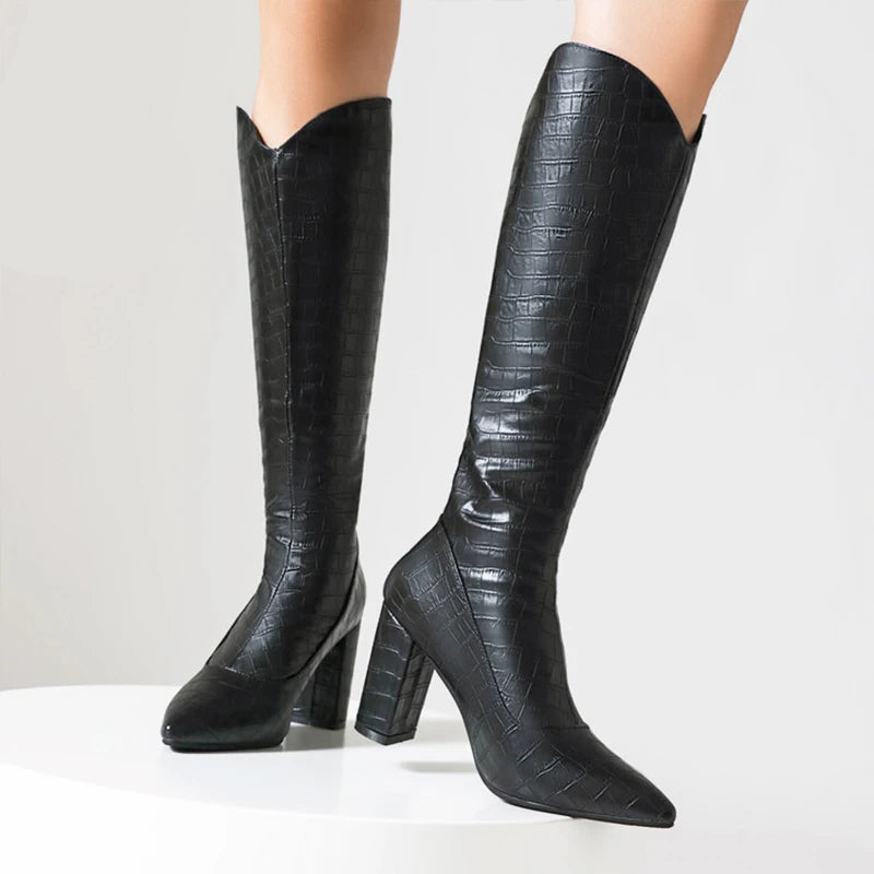 Autumn Winter Knee-High Long Boots Women Rear Zipper Stone Pattern Party Shoes High Heel Boots Female