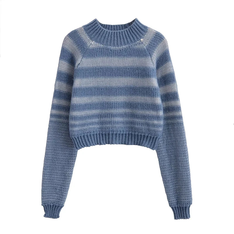 Autumn Women Long Sleeve Round Neck Striped Crop Knit Sweater