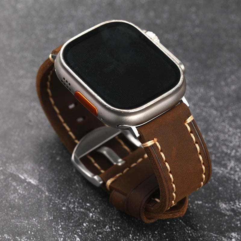 Handmade Leather Watchband Fits Apple Watch Thickened Brushed Leather Vintage Style