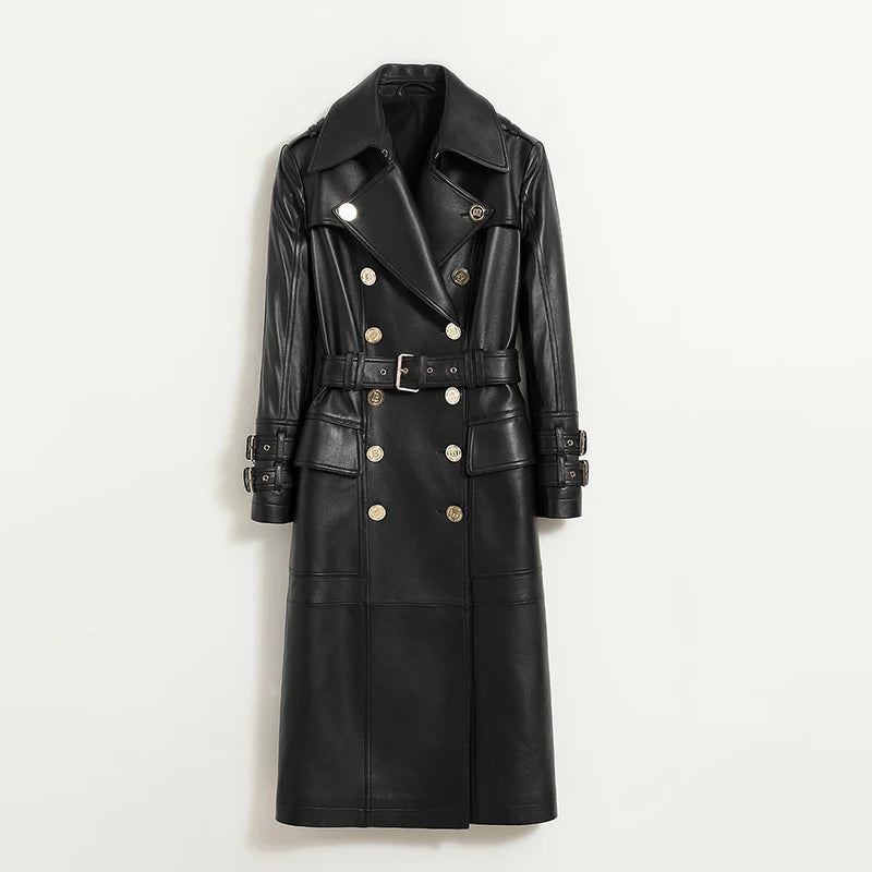 Winter Genuine Leather Jacket Metal Button Trench Coat