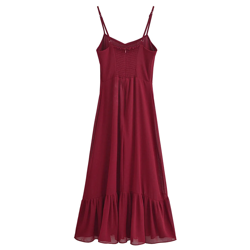 Retro French Style Solid Dark Red Ruched V neck Sling Dress Women