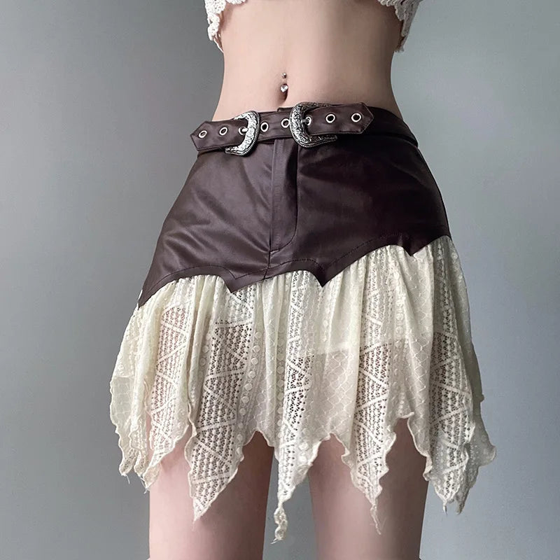 Women Skirt Summer Leather Lace Patchwork Casual Irregular Hem Mini Skirt Spicy Girl Short Skirt