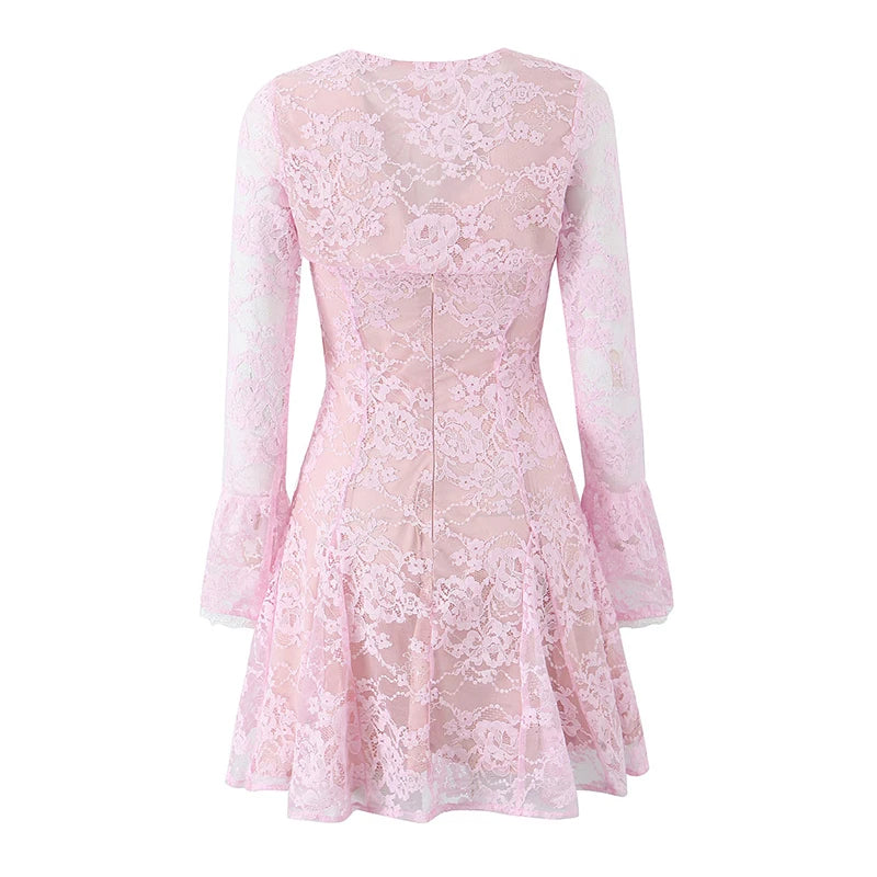 Women Elegant Lace Dresses Thin Straps Long Sleeve Crop Top Christmas Party Mini Dress