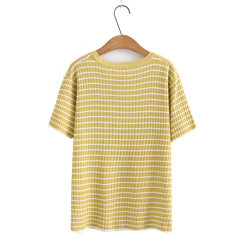 Women T-Shirt Summer Short Sleeve Stripe Knit Tops Loose Tees Oversized Curve Clothes