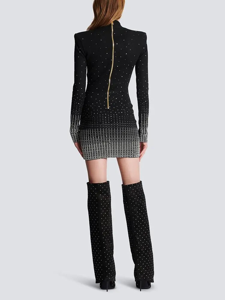 Women V-neck Long Sleeve Tight Diamond Embroidery Knitted Mini Dress Elegant