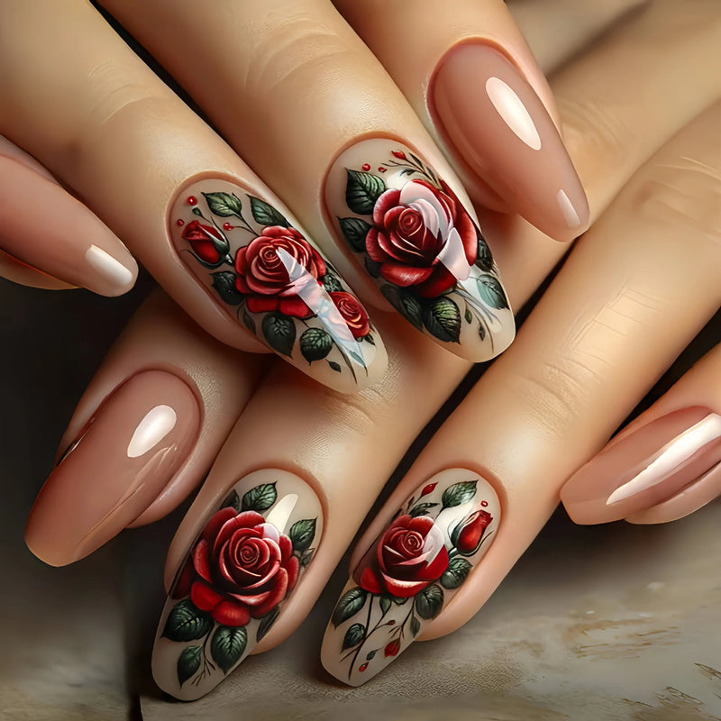 24pcs/set medium long nails beautiful rose flowers heart for Valentine's Day Wedding party press on nail