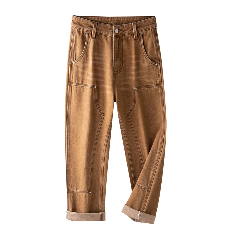 Brown Jeans for Mens Spring and Summer Straight Pocket Decorative Pants