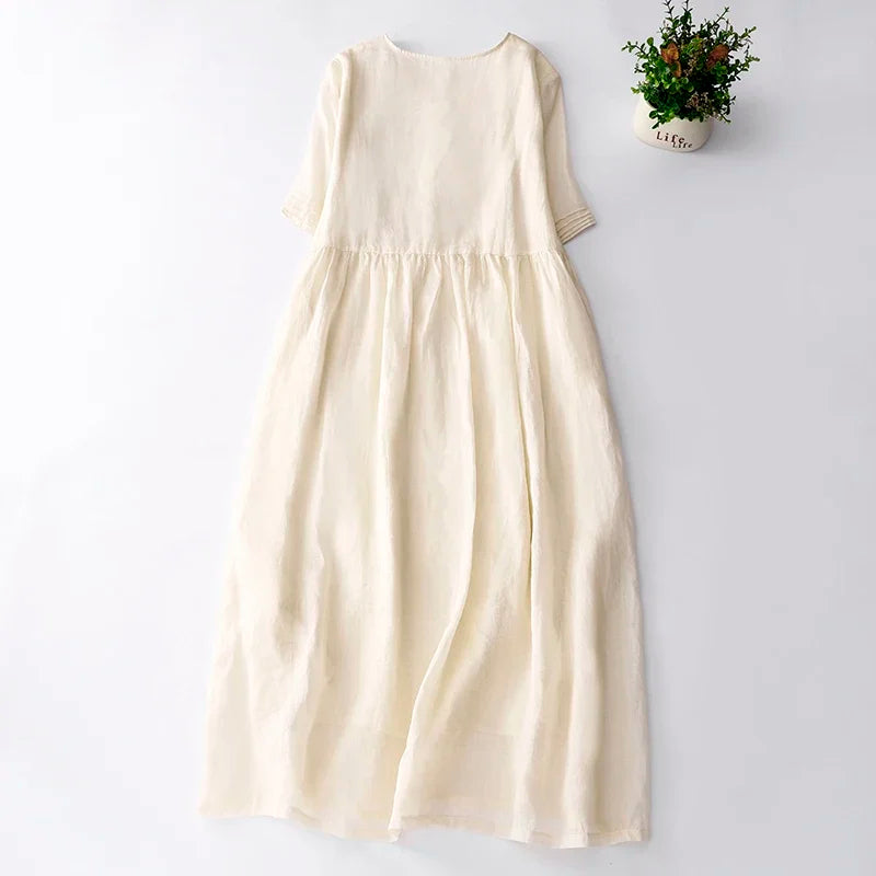 Summer Quality Embroidery Linen Dress Apricot Literary Long Dresses Soft