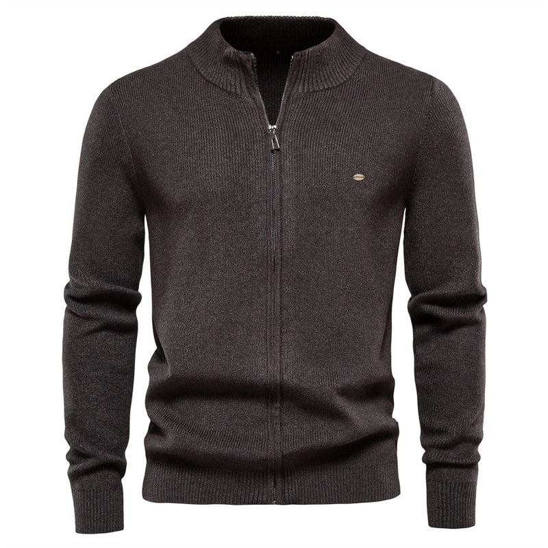 Men Casual Warm Sweater Jacket Solid Stand Collar Zipper Knitted Sweater Men