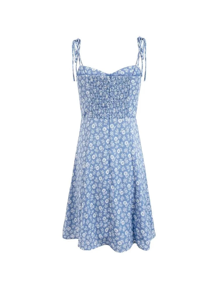 Women Sweet Floral Chiffon Strap Mini Dress  Slim Short Dresses