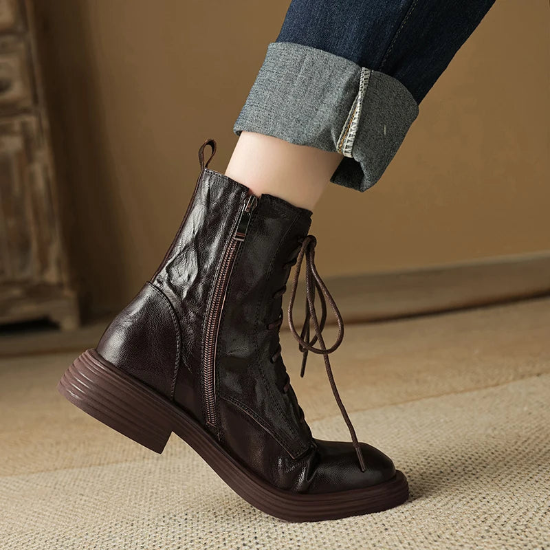 Women Ankle Boots Retro Genuine Leather Lace-Up Thick Heels Shoes Fall Winter Short Booties Casual