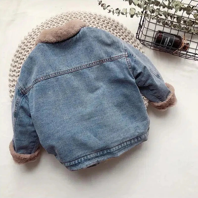 Autumn Winter Thicken Baby Boys Denim Jacket Plus Cashmere Warm Children Outerwear Kids Clothes