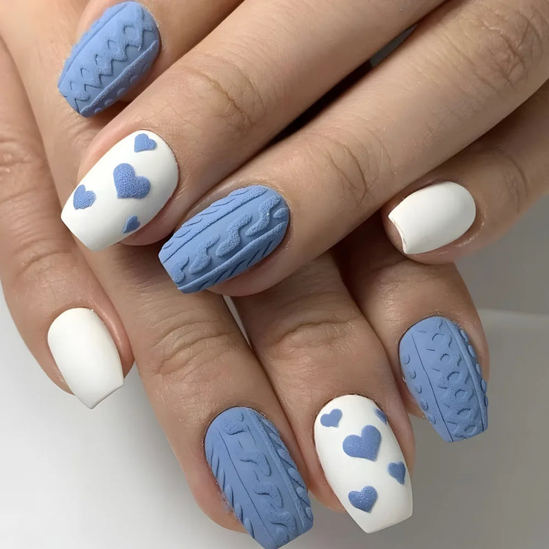 Blue Love Design Press on Nails Simple Valentine’s Day Short Ballet False Nails Detachable Square Nail Set