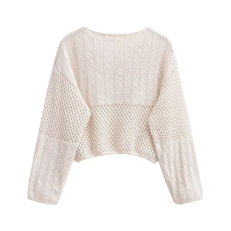 Women Round Neck Long Sleeve Crop Crochet Top Autumn Pullover Sweater